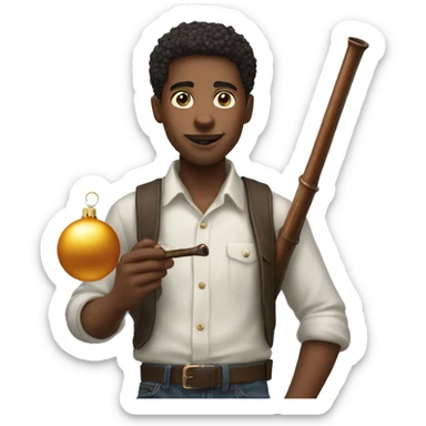 Young man holding a sharp Christmas ornament and a long pipe and a  sticker