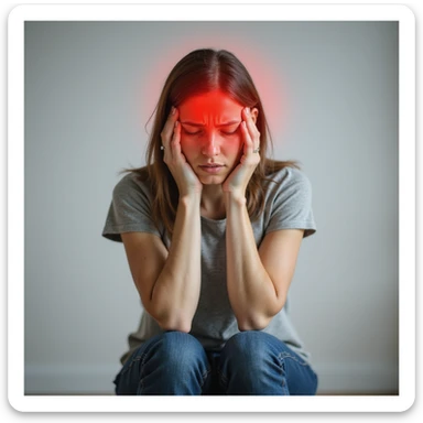 woman sitting with head in hands, head highlighted in red for headache, strong discomfort expression, realistic style, neutral background sticker