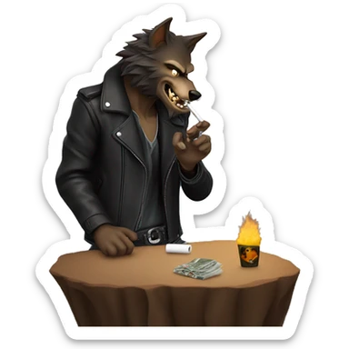Werewolf in a leather jacket smoking a cigarette overlooking a cliff sticker