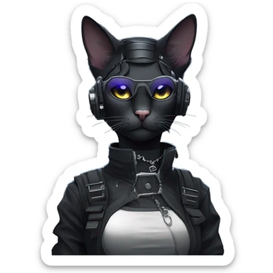 Gorgeous dark techwear cyberpunk style anthro cat sona, aesthetic, and pretty edgy black with collar and harness, trending style sticker