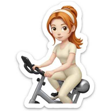 Ginger girl middle part low bun riding stationary bike cream outfit sticker