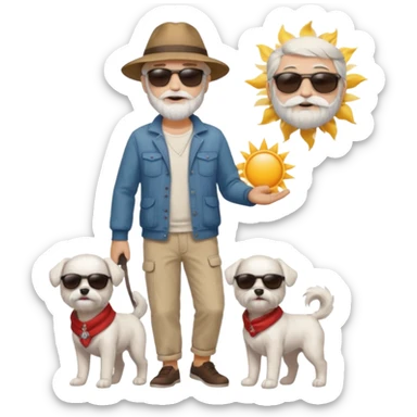white man grey hair beard holding a white Maltese relaxing on a beach full body 1 dog sticker