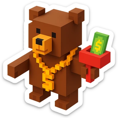 brown Russian grizzly bear wearing a rapper chain and holding a money gun sticker