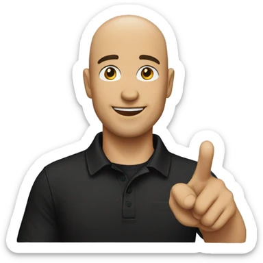 bald man pointing in front wearing a black cap and black polo sticker