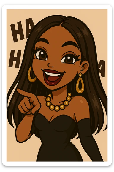 Keep her pointing and laughing with 'ha ha ha' in the background, headshot only, 20-year-old anime Bratz style woman with dark skin, straight hair, more trendy outfit, big expressive eyes, glossy lips, no hat, no tears, happy expression, looking straight ahead. The style should reflect anime Bratz aesthetics with vibrant colors and expressive features. sticker