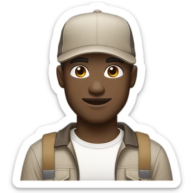 Pale skinned fit Man with dark brown hair in a beige cap, gray jeans, brown polo and white T-shirt keeping a pasted with tape white box into his hands sticker