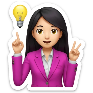 Cute 3D emoji of a Korean woman in a magenta blazer, long black hair and big brown eyes, with a light bulb above her head, excited expression, finger pointing up, solid lemon yellow background. sticker