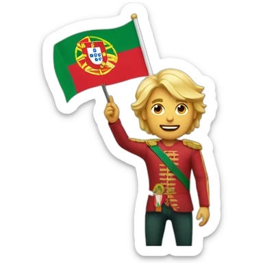 Man with blond hairs, iphone 15 pro in one hand, portugal flag in the other hand sticker