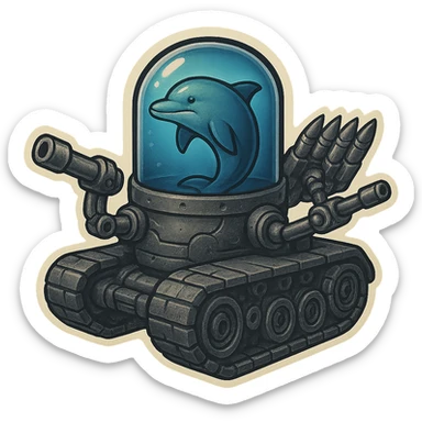 Menacing dolphin in a water tank mounted on tank treads, gritty metallic look, blue water in tank, robotic arms with large forward-facing guns, rack of missiles, retro sticker style, no border. sticker