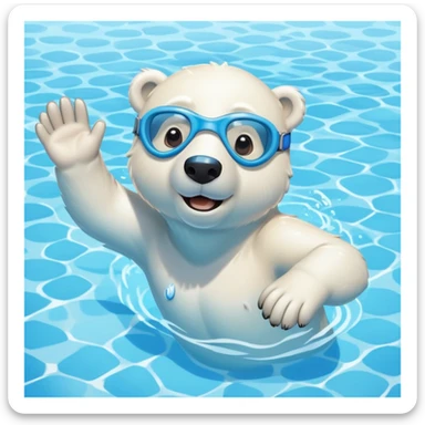friendly anthropomorphised polar bear swimming freestyle with excited expression, wearing blue swimming goggles, pool tiles and water visible sticker