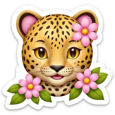 A leopard with eyes closed and a peaceful smile. A pink flower with a yellow center is tucked behind its right ear
 sticker