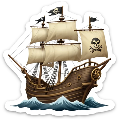 An icon representing an adventure game, inspired by high-seas exploration. The design features a fearless pirate gripping the wheel of a grand sailing ship, its tattered Jolly Roger flag billowing as it cuts through stormy waters. The scene evokes danger, treasure, and the thrill of the open sea. Transparent background. sticker
