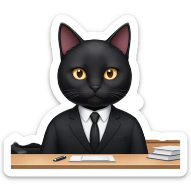 Black cat in a black business suit in an office sticker