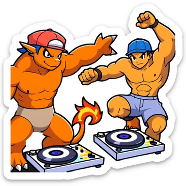21 yo Handsome tall muscular shirtless Ash Ketchum on fire as a dj with charizard dancing sticker