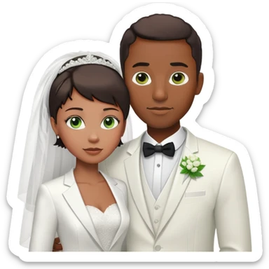 Black man short hair white blazer with white green eyes woman on their wedding day sticker