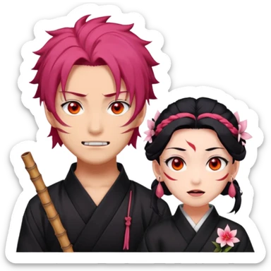 tanjiro male : Kind red eyes, black hair with burgundy tips, forehead scar, tanned skin, Hanafuda earrings.                             nezuko:   Pink eyes, black-orange hair, fangs, bamboo muzzle in mouth. sticker