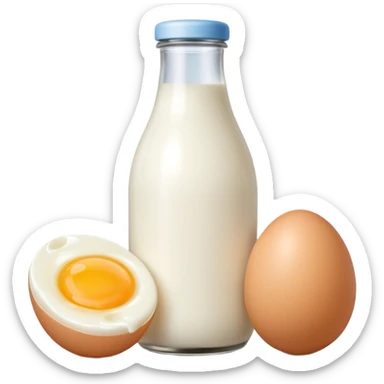 A cluster of dairy items: a milk bottle with an egg and a small cheese drop shadow behind them sticker