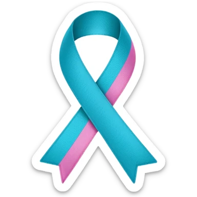 Thyroid cancer ribbon which has a blue strand, a pink strand and teal at the top where the ribbon crossed over sticker