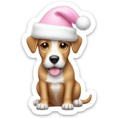 Dog with light pink Christmas hat and white bone in mouth sticker