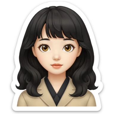 charming Korean girl, black wavy hair, bangs, beige eyes sticker