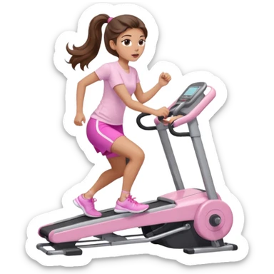 girl with wavy long ponytail brown hair, brown eyes, light to medium complexion, long lashes, light pink lipstick, wearing light pink shirt, on a stairstepper workout machine sticker