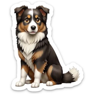 cinematic-[australian shepherd dog]-realistic-full-body-sitting-emoji,-tail-resting-loosely-beside-its-paws,-head-tilted-dramatically,-scruffy-[black white tan]-fur,-simplified-yet-realistic-focused-features,-highly-detailed,-glowing-with-an-almost-sarcastic-glow sticker
