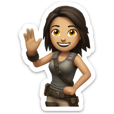 Lara Crofts is smiling and have a waving hand, to say hello in classic tomb raider legend outfit sticker