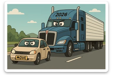 2026 Kenworth W680 semi sleeper truck driving down the road with a car in front displaying the word 'move' on it, cartoon style, clear road setting, fun and expressive sticker