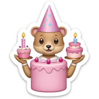 cute animal hold a pink birthday cake in both arms with pink birthday hat sticker