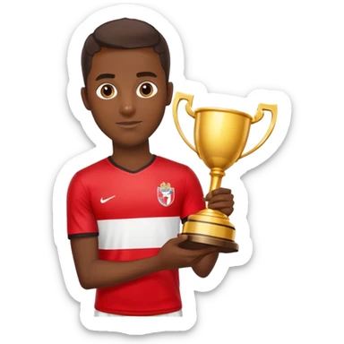 footballer in red-white t-shirt, in his hand golden trophy sticker