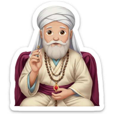 An old man sits on a Persian rug with a rosary, a large ring, a long beard and hair, but he is handsome and modern, wearing a robe and a turban, and looks at the camera with amazement. sticker
