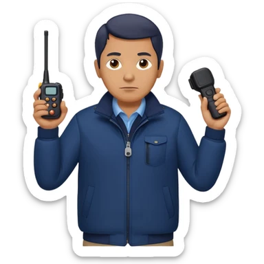 Security, Middle-aged, wearing navy blue jacket, serious facial expression, holding holding walkie-talkie, full body sticker
