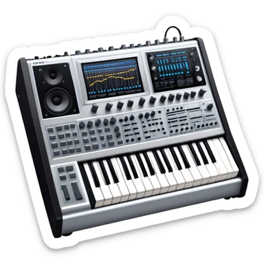 Create a professional and detailed emoji that represents sound design equipment. The design should feature a high-end Korg synthesizer, a sound mixing console, and a control panel with audio cables connecting to large studio speakers. Surround the equipment with sound waves made of musical notes to symbolize the creative process of shaping sound. Use sleek colors like silver, black, and neon accents to highlight the high-tech nature of the equipment. The background should be transparent. sticker