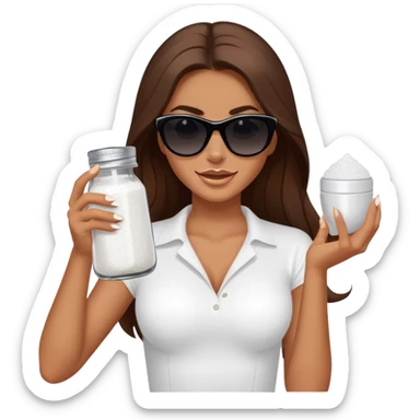 sassy woman with long brown hair, tan skin, and dark sunglasses holding a salt shaker filled with white table salt. She is sprinkling the salt out from the shaker while smirking sticker