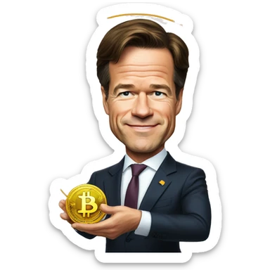 Prime minister Mark Rutte holding a bitcoin sticker