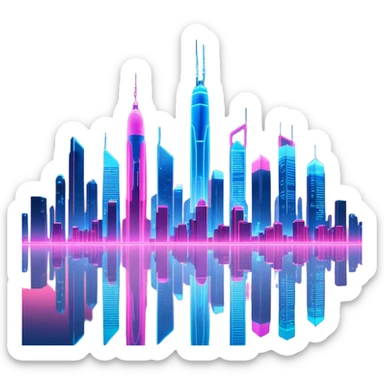 A futuristic cityscape at night, with neon lights and towering skyscrapers illuminating the sky sticker