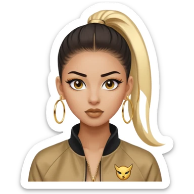 “Emoji girl, fierce confident expression, sharp winged eyeliner, bold brows, matte nude lips, long lashes, sleek high ponytail, wearing gold hoop earrings and sporty streetwear jacket.” sticker