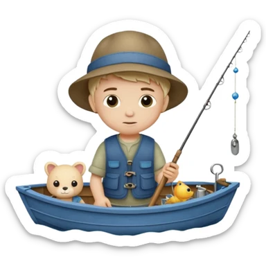 Little boy on a little boat fishing, felt texture, scrapbooking, precious moments style character sticker