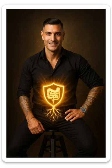 Vertical format: a man with an aura of positive energy around the abdomen, featuring symbols of intestinal balance such as a shield or strong roots, conveying an atmosphere of strength and stability. sticker