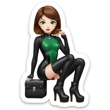 Create Dominatrix in black latex clothes,green eyes,brown hair and platform boots sticker