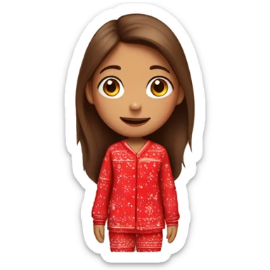 girl with long brown hair, in red New Year's pajamas with bears sticker