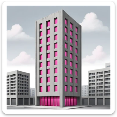 Tall gray brutalist concrete tower with one bright pink window among many regular gray windows sticker