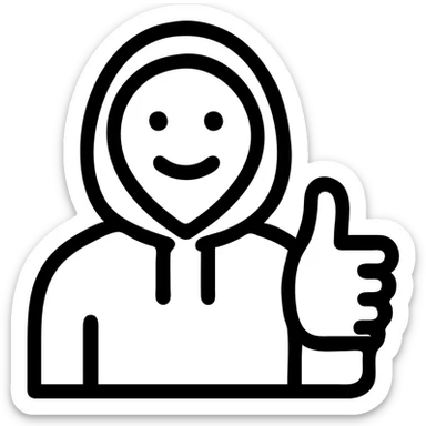 person in black hoodie giving a thumbs up, smiling, minimalist style sticker
