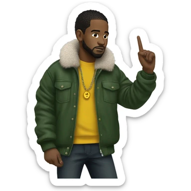 Side profile of a hip hop artist. He is holding a mic in one hand. That arm is pointing down. He's wearing a puffy dark green jacket. The jacket has a furry yellow collar.  sticker