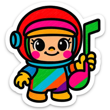 Add more vibrant colors to Popmart Space Molly as a Rednote emoji, keep playful and musical vibe, make helmet, suit, and musical notes multicolored, maintain cute cartoon style, no background. sticker
