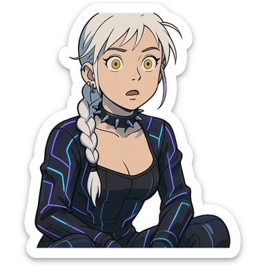 a shocked facial expression, a closeup portrait of young woman with gold yellow eyes, white hair, long braid, black off-shoulder top d-cup, punk gothic style, futuristic cyberwave cyberpunk, sitting position sticker