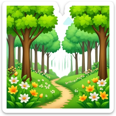 spring season in a forest with trees having fresh green leaves and blooming flowers, bright and cheerful sticker