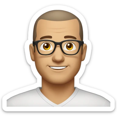 Middle age man with buzz cut salt and pepper dark hair, thick frame glasses, with a round face and broad smile, wearing a v-neck t-shirt sticker