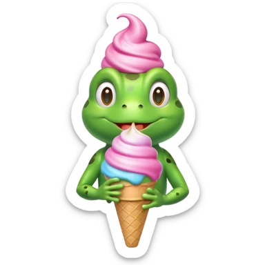 cute frog eating ice cream, happy face, holding a colorful ice cream cone, 3D cartoon, mobile game icon style, bright colors, soft shadows, clean background, no text, no watermark
 sticker