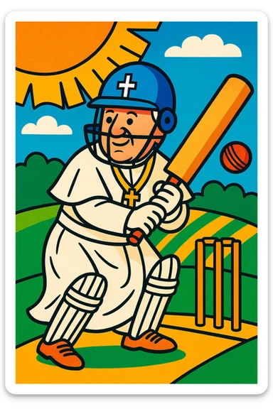 the pope as a cricket batsman, vibrant cartoon style sticker